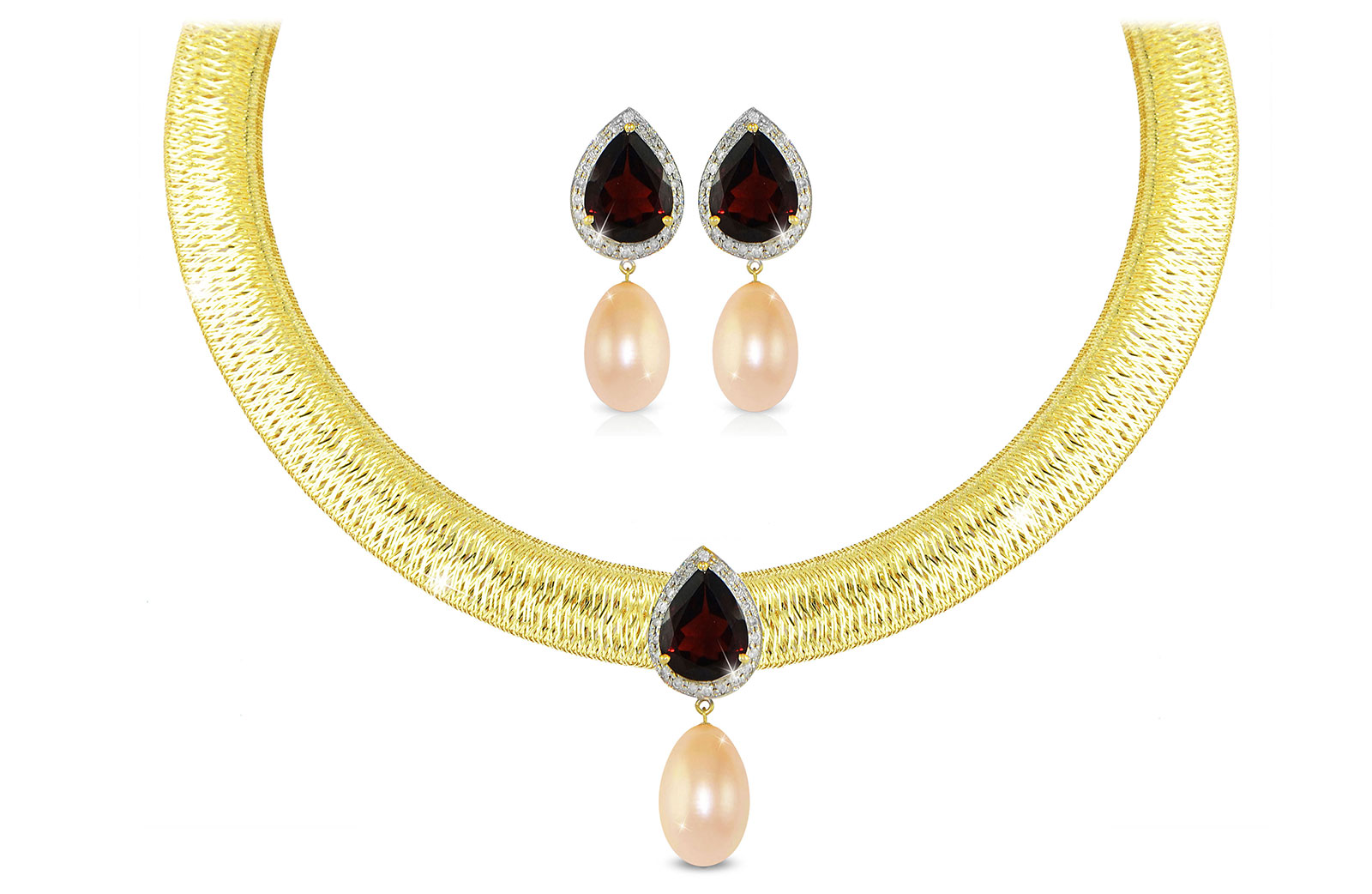 Vera Perla 18K Gold 0.36ct Diamonds, Garnet and 13mm Pink Pearl Jewelry Set - 2 pcs